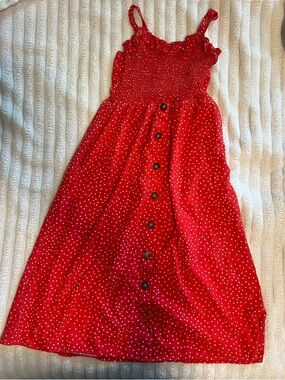 Girls' Red Polka Dot Smocked Sundress with Buttons